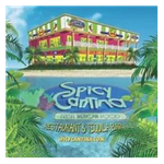 Colorful beachside restaurant with palm trees and 'Spicy Cantina' text in foreground.